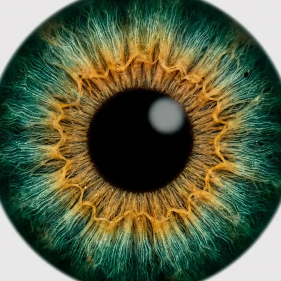 Macro da íris humana com fibras douradas e verdes, objeto de estudo da iridologia